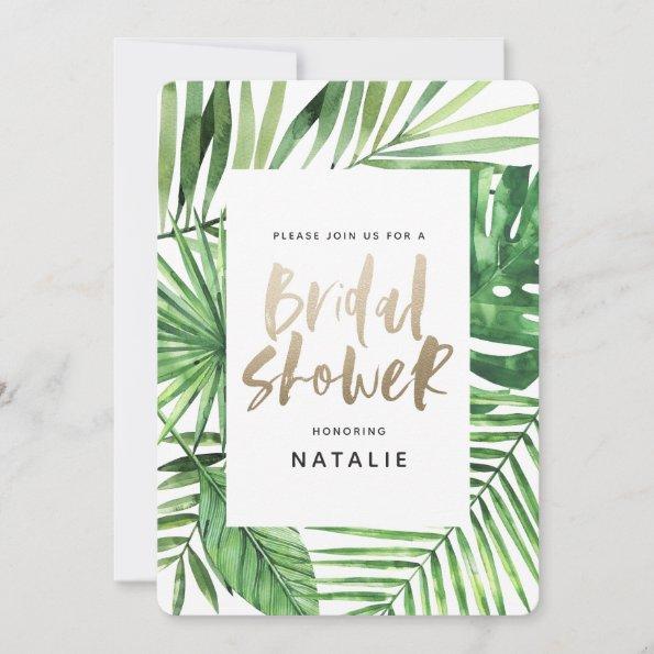 Tropical palm and gold script bridal shower invite