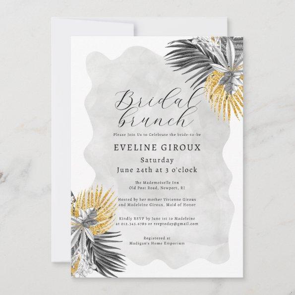 Tropical Palm Black White Gold Bridal Brunch Invitations