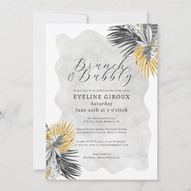 Tropical Palm Black White Gold Brunch Bubbly Invitations