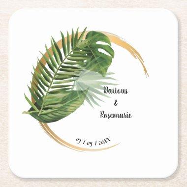 Tropical Palm Bridal Wedding Reception Square Paper Coaster