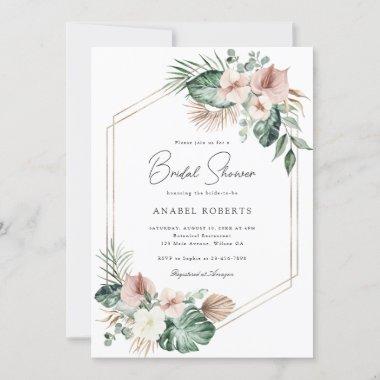 Tropical Palm Floral Blush Geometric Bridal Shower Invitations