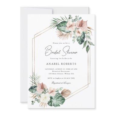 Tropical Palm Floral Blush Geometric Bridal Shower Invitations