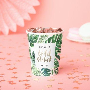 Tropical palm green and gold script bridal shower paper cups