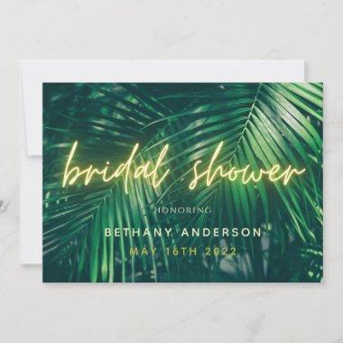 Tropical palm green neon script bridal shower save the date