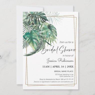 Tropical palm greenery gold frame bridal shower Invitations