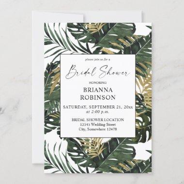Tropical Palm Leaf & Gold Greenery Bridal Shower Invitations