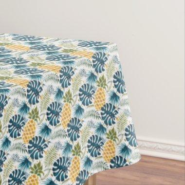 Tropical palm leaves golden pineapple white blue tablecloth