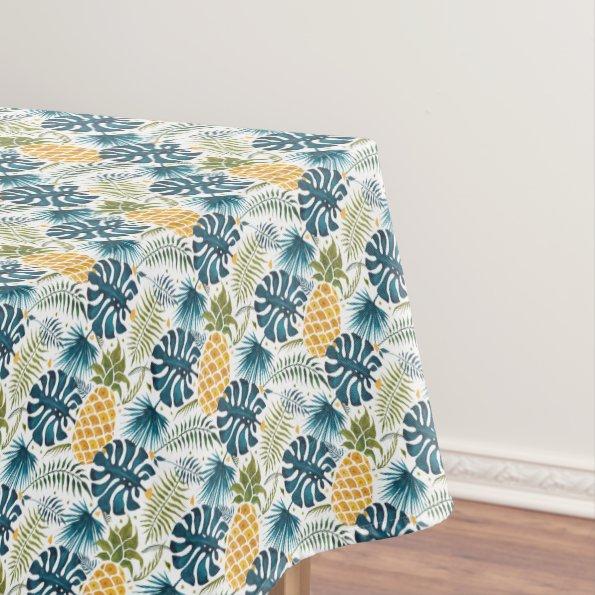 Tropical palm leaves golden pineapple white blue tablecloth