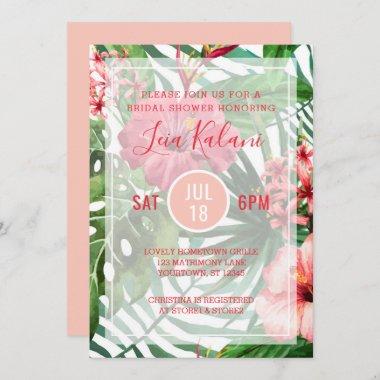 Tropical Palm Leaves Hibiscus Bridal Shower Invitations
