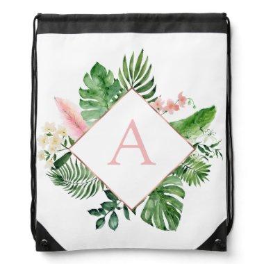 Tropical Palm Monogram Blush Pink Drawstring Bag