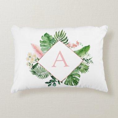 Tropical Palm Monogram Blush Pink Rose Gold Accent Pillow
