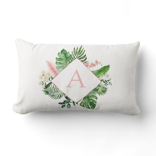 Tropical Palm Monogram Blush Pink Rose Gold Lumbar Pillow