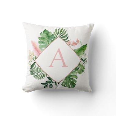 Tropical Palm Monogram Blush Pink Rose Gold Throw Pillow