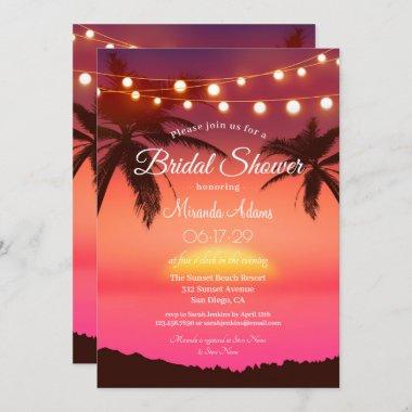 Tropical Palm Sunset String Lights Bridal Shower Invitations