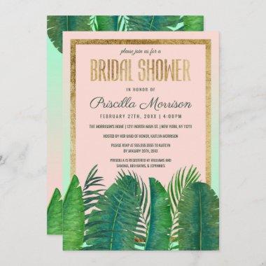Tropical Palm Tree Banana Leaf Gold Bridal Shower Invitations