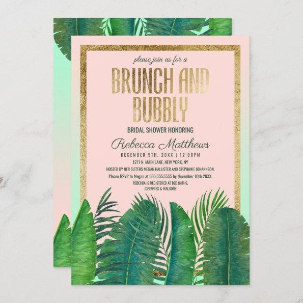 Tropical Palm Tree Banana Leaf Gold Brunch Bubbly Invitations
