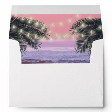Tropical Palm Tree & String Lights Beach Wedding Envelope