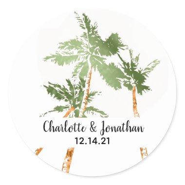 Tropical Palm Trees Hand Lettered Wedding Classic Round Sticker