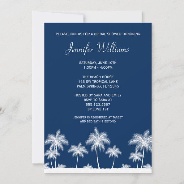 Tropical Palm Trees Navy Bridal Shower Invitations