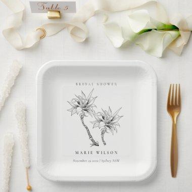 Tropical Palms Black White Sketch  Paper Plates