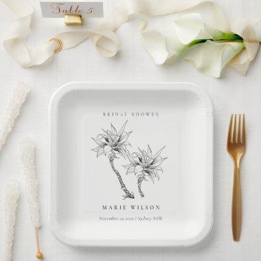 Tropical Palms Black White Sketch Bridal Shower Paper Plates