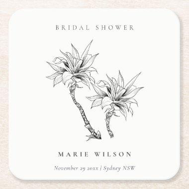 Tropical Palms Black White Sketch  Square Paper Coaster
