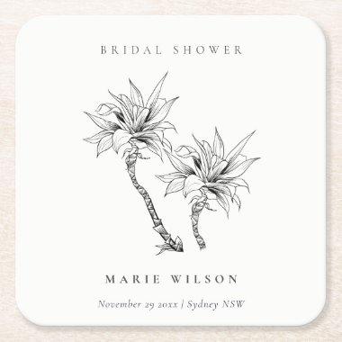 Tropical Palms Black White Sketch Bridal Shower Square Paper Coaster