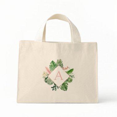 Tropical Palms Monogram Blush Pink Wedding Mini Tote Bag