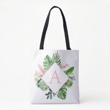 Tropical Palms Monogram Blush Pink Wedding Tote Bag