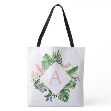 Tropical Palms Monogram Blush Pink Wedding Tote Bag