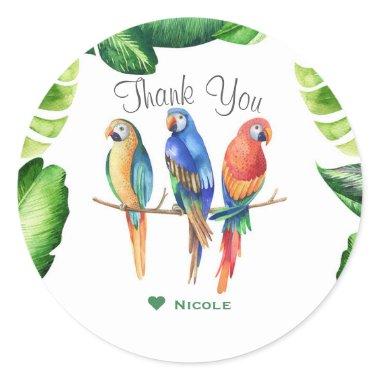 Tropical Parrots Birds & Leaves Birthday Party Classic Round Sticker