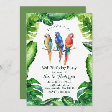 Tropical Parrots Birds & Leaves Party Invitatons Invitations