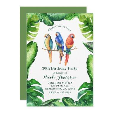Tropical Parrots Birds & Leaves Party Invitatons