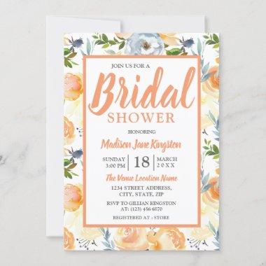 Tropical Peach Gray Summer Spring Bridal Shower Invitations