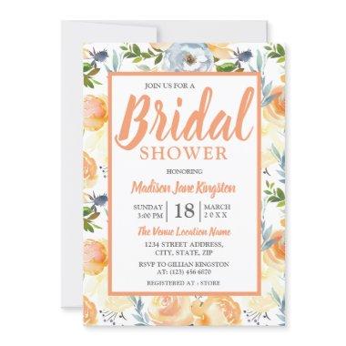 Tropical Peach Gray Summer Spring Bridal Shower Invitations