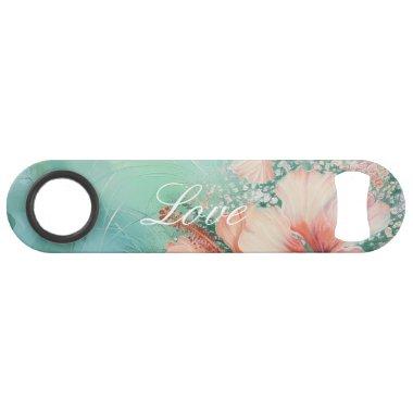 Tropical Peach White Hibiscus Floral Love Wedding Bar Key