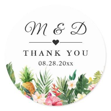 Tropical Pineapple Floral Wedding Favor Thank You Classic Round Sticker