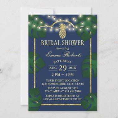 Tropical Pineapple Navy & Gold Luau Bridal Shower Invitations