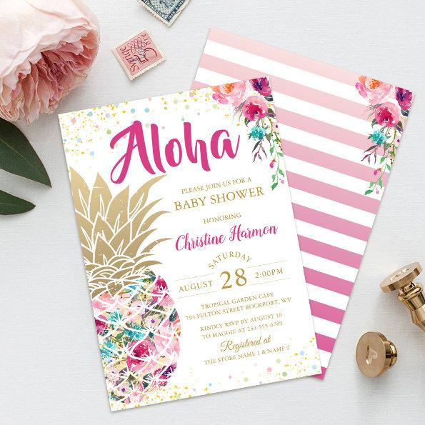 Tropical Pineapple Pink Gold Floral Baby Shower Invitations