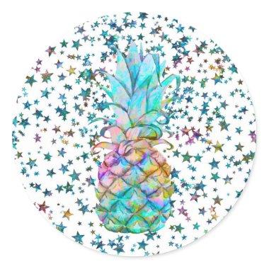 Tropical Pineapple Stars Color Splash Luau Party Classic Round Sticker