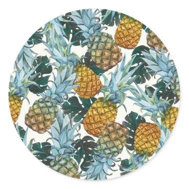 Tropical Pineapples & Leaves Exotic Birthday Party Classic Round Sticker