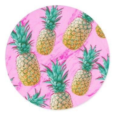 Tropical Pineapples & Pink Marble Chic Party Favor Classic Round Sticker