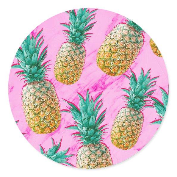 Tropical Pineapples & Pink Marble Chic Party Favor Classic Round Sticker