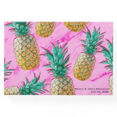 Tropical Pineapples & Pink Marble Chic Wedding Guest Book