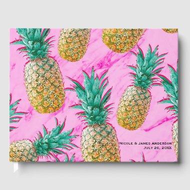 Tropical Pineapples & Pink Marble Chic Wedding Guest Book