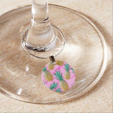 Tropical Pineapples & Pink Marble Modern Colorful Wine Glass Charm