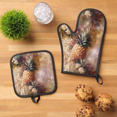 Tropical Pineapples Sparkle  Oven Mitt & Pot Holder Set