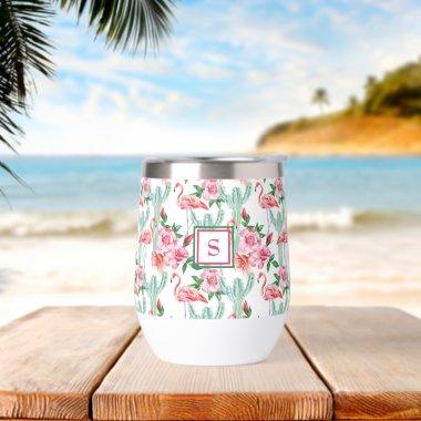 Tropical Pink Flamingo Cactus Roses Monogrammed Thermal Wine Tumbler