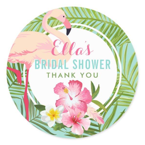 Tropical Pink Flamingo Floral Bridal Shower Classic Round Sticker