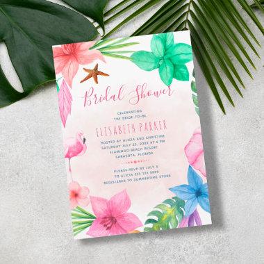 Tropical pink floral beach wedding bridal shower Invitations